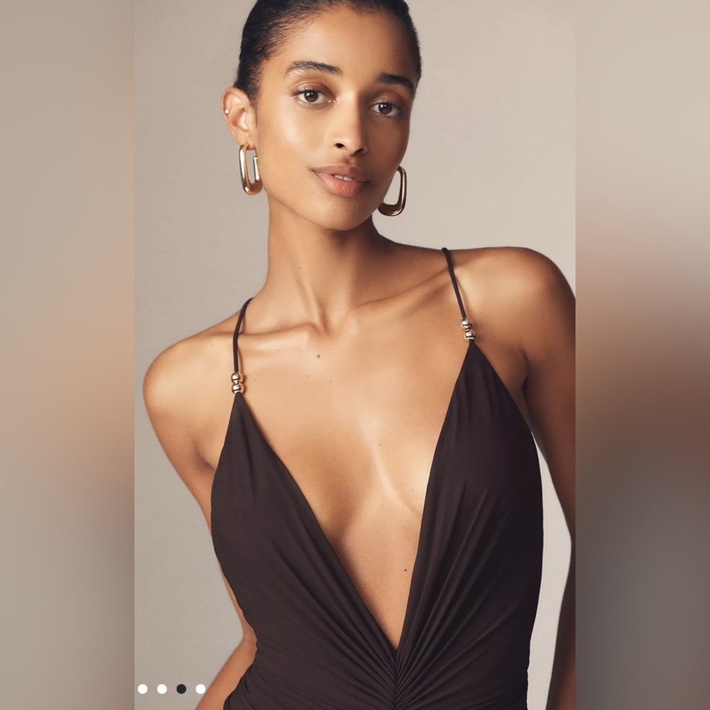Ronny Kobo Anya V-Neck Column Jersey Maxi Dress in chocolate size Medium. - Picture 3 of 14